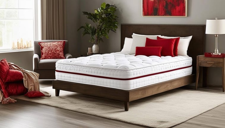 The image showcases a luxurious mattress setting featuring a plush, kingsized mattress adorned with an elegant, soft white duvet and a collection of d