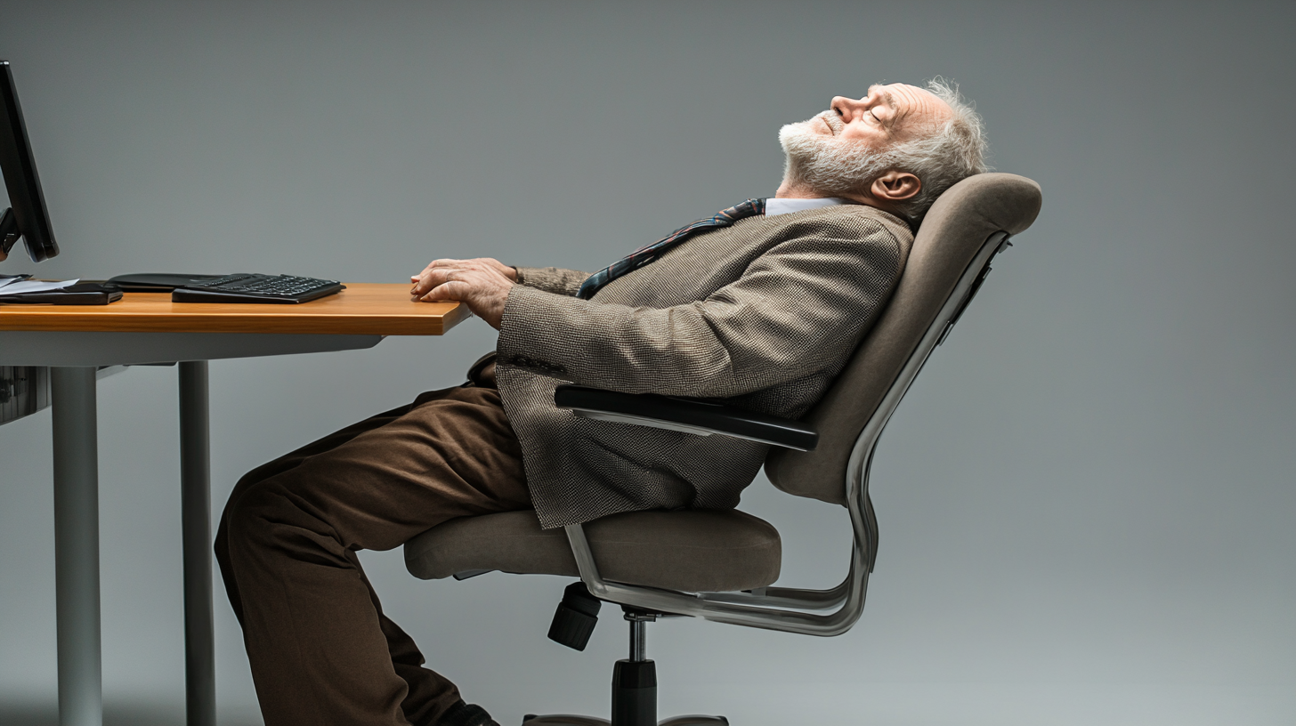 Adult male sitting on office chair with poor posture